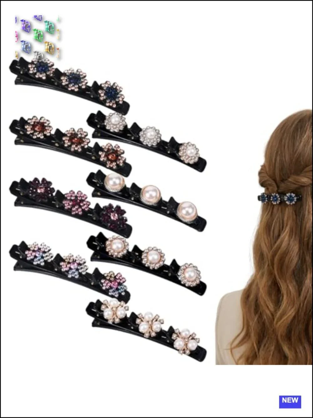 8 Pcs Braided Hair Clips Double-Layer Flower Pearl Crystal Stone Clips